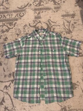 Weatherproof Green and White Plaid Short-Sleeve Button-Down Shirt